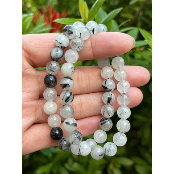 Black Rutilated Quartz Crystal Bead Bracelet 8mm, Wholesale Genuine Black Rutilated Quartz Stretch Gemstone Bracelet, Gift for Men & Women (1)