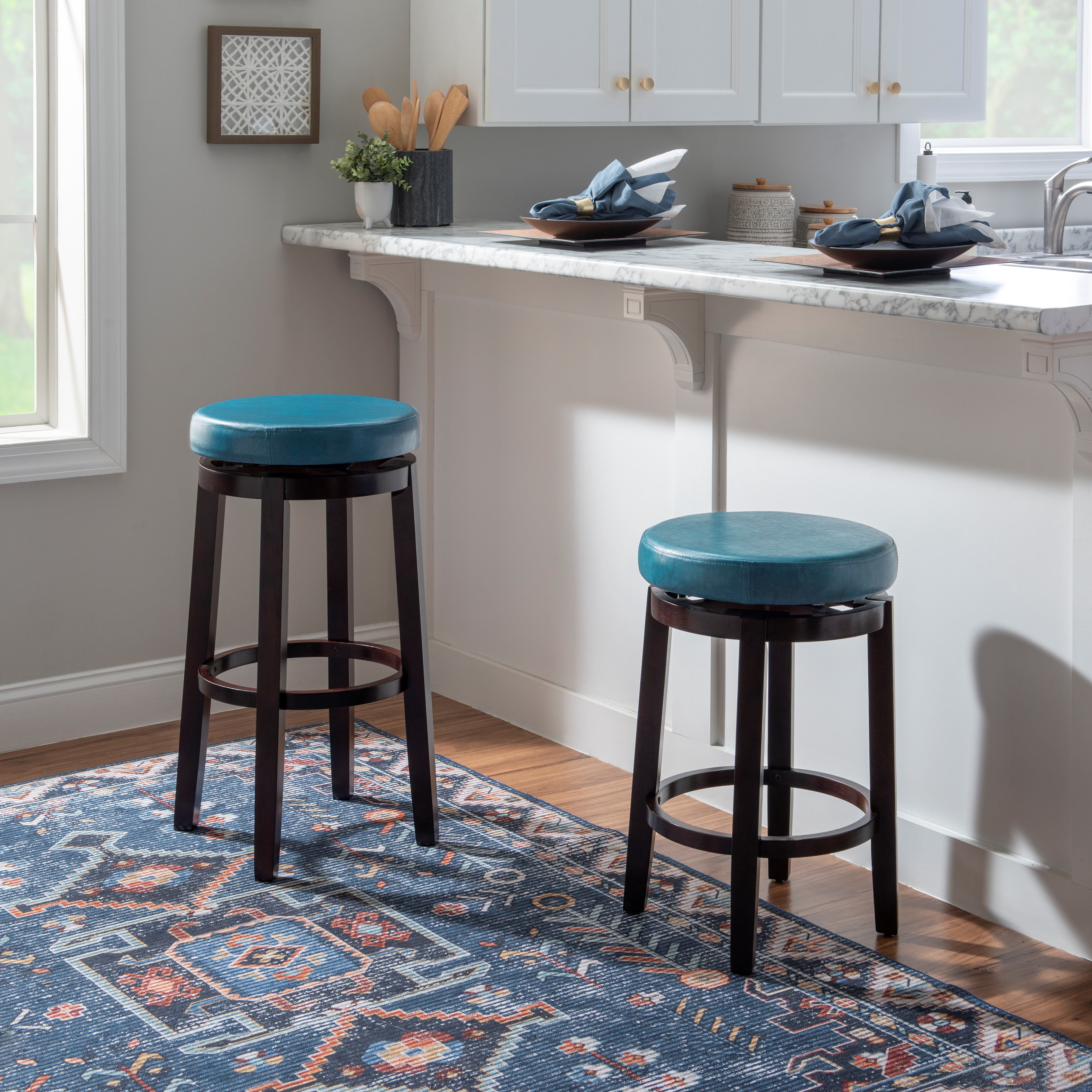 Linon Maya 29" Indoor Backless Wood Swivel Bar Stool, Teal Blue Faux Leather