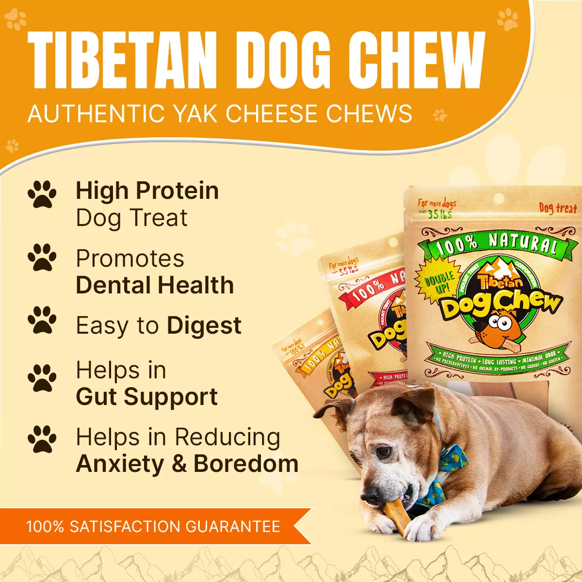 Tibetan Yak Cheese Dog Chew, Natural long lasting Himalayan Treats for Dogs (Medium , 2lb)