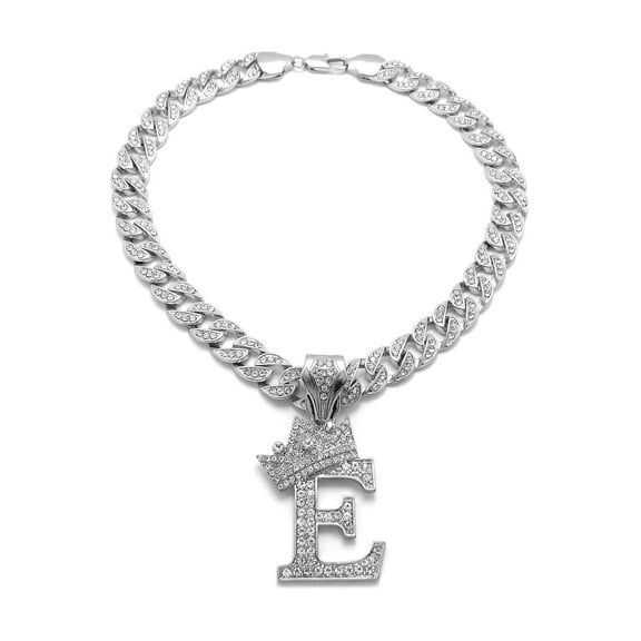 iJewelry2 Kings and Queens Crowned Initial Letter E Crystals Pendant Silver-tone Cuban Linked Chain Necklace