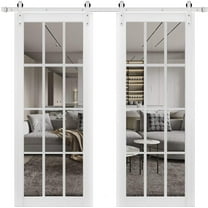 Sturdy Double Barn Door with Clear Glass 12 lites | Felicia 3355 Matte White | 13FT Rail Hangers Heavy Set | Solid Panel Interior Doors