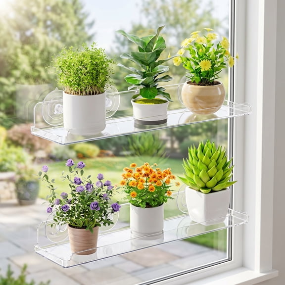 Window Plant Floating Shelves 14.6 x 3.6 inch, 2 Pack Acrylic Suction Cup Shelf, Window Sill Extender for Indoor Succulent Plants, Micro Greens, Seed Starter Pots, Herb Planters