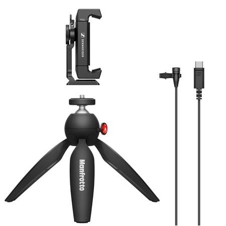 Sennheiser - XS Lav USB-C Mobile Kit Omnidirectional Clip-on Microphone with Smartphone Clamp & Manfrotto PIXI Mini Tripod