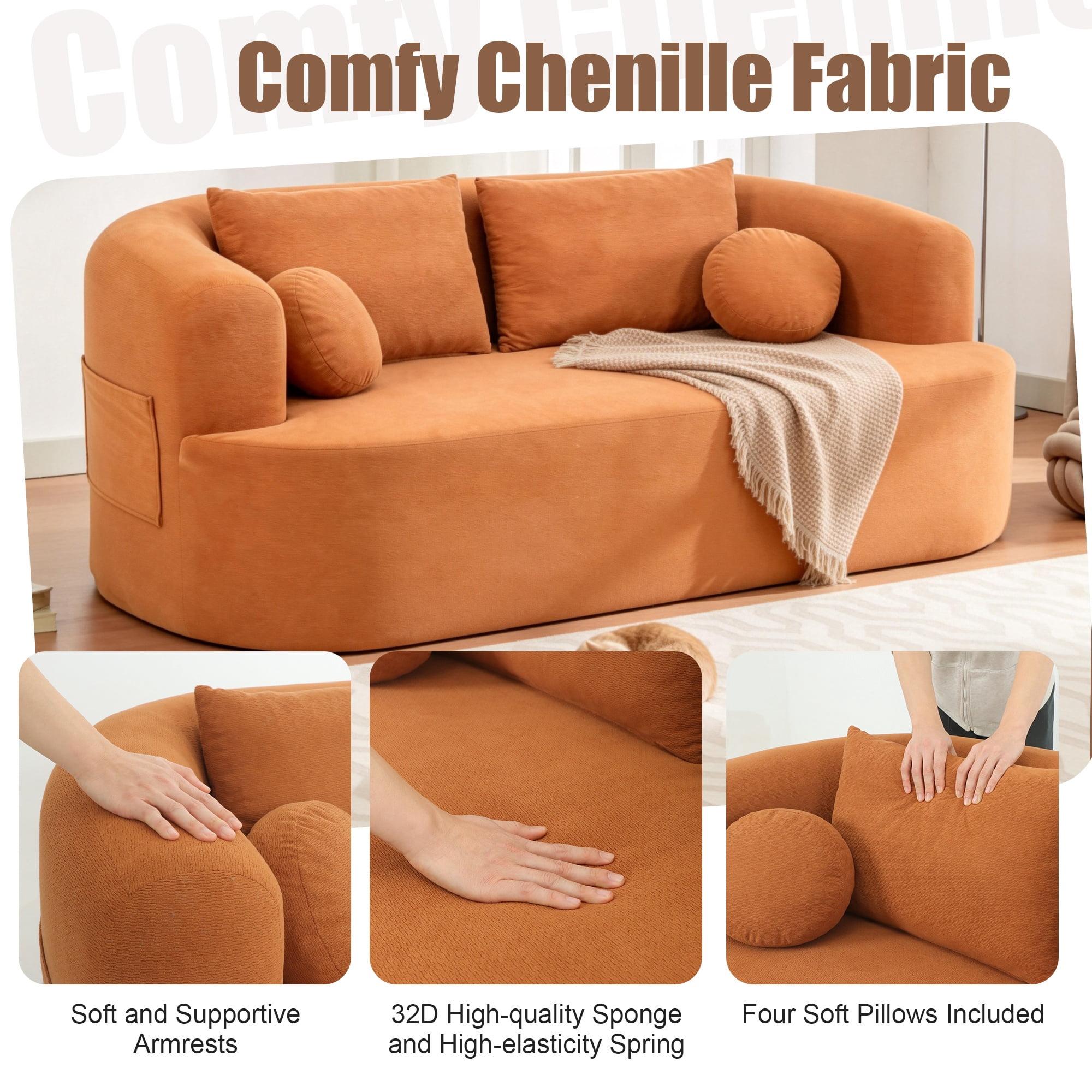Loveseat Sofa-in-a-Box, 67" Chenille 2-Seater Couch with Deep Seats, 32D High-Resilience Foam, No Assembly Required, for Living Room, Small Space, Orange