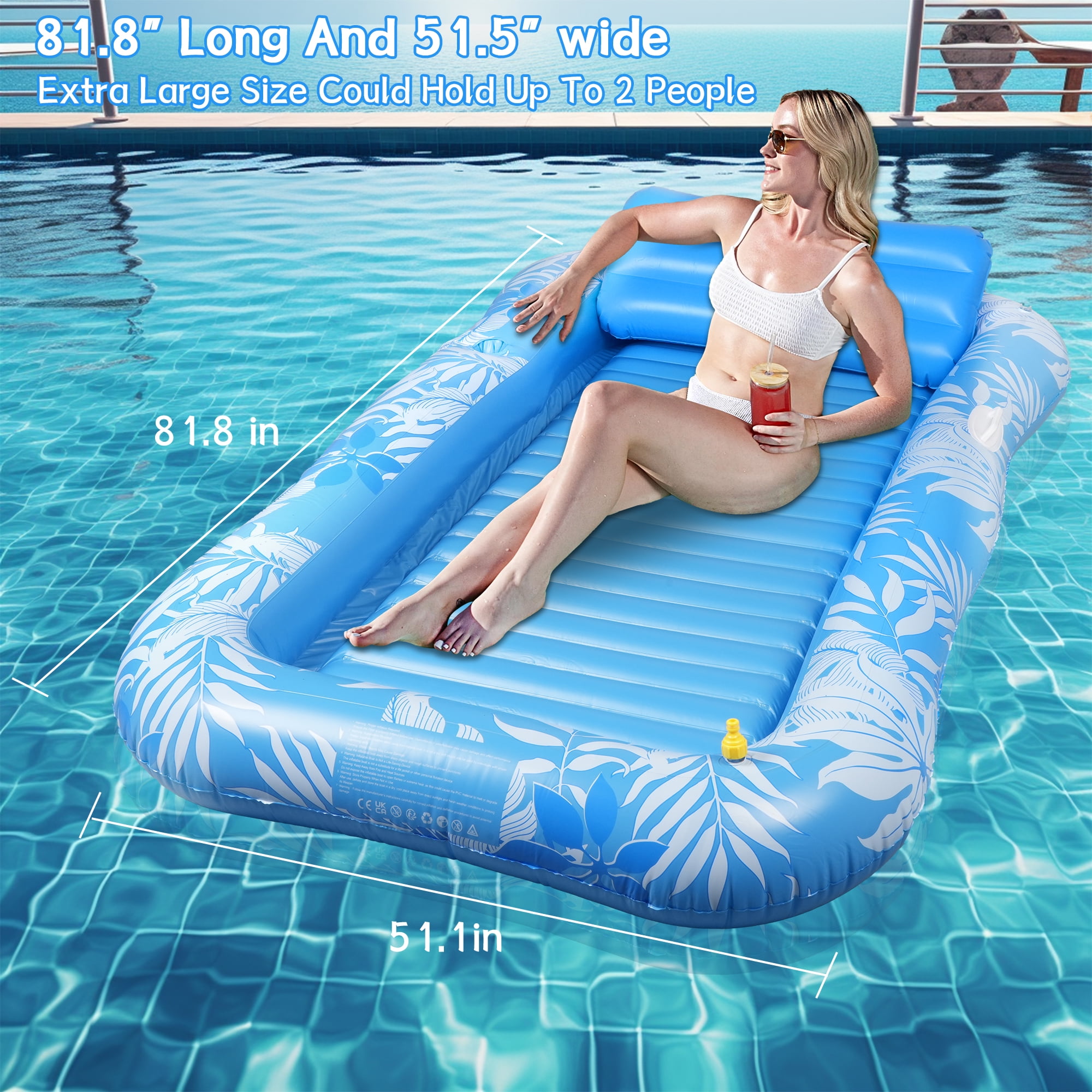Inflatable Tanning Pool Lounger Float with Sprinkler, 81" x 51" Pool Floats Adult with Pillow, all in one Suntan Tub Raft Floatie with Drink Holder Sunbathing Water Lounge Blue
