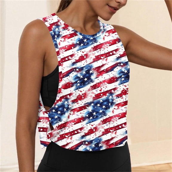 Jsaierl Womens 4th of July Tank Tops Plus Size Patriotic American Flag Print Tees Loose Fit Sleeveless T Shirts Camisole Lightweight Round Neck Tanks S-XXL