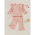 thumbnail image 3 of Suealasg Kids Toddler Girl Clothes 6M 1T 2T 3T 4T 5T Little Girl 2pcs Spring Fall Outfit Long Sleeve Flower Print T-shirt Tops and Flare Pants Sets, 3 of 7