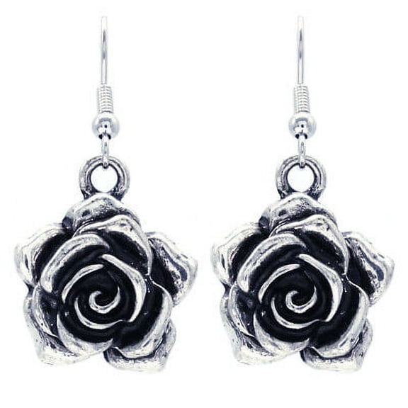 Vintage Antique Style Rose Flower Dangle Earrings Silver Tone Fashion Jewelry a1