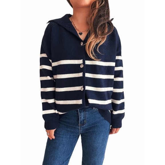 Women Long Sleeve Color Block Sweaters Striped Tops Button Down Open Front Knit Cardigan Coat Jackets Navy Blue L
