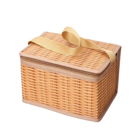 lhwanj Rattan-Style Foldable Picnic Basket Handheld Zipper Thermal Insulated Lunch Bag for Work School, 8.6x5.5x4.7in