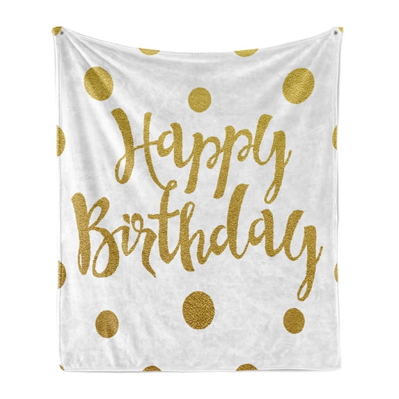 Birthday Soft Flannel Fleece Blanket, Hand Writing Style Calligraphic Text Celebration Design Polka Dots Old Fashioned, Cozy Plush for Indoor and Outdoor Use, 50" x 60", Yellow White, by Ambesonne