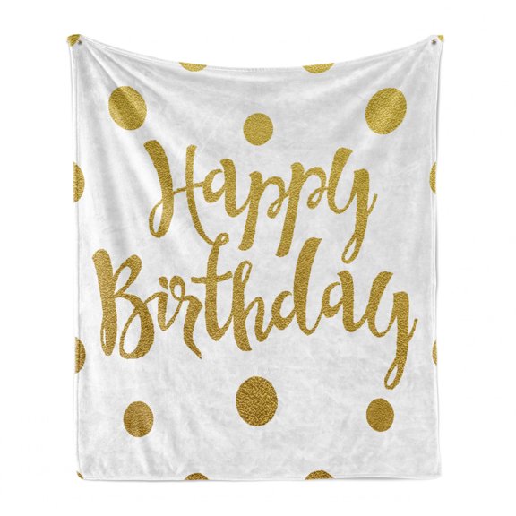 Birthday Soft Flannel Fleece Blanket, Hand Writing Style Calligraphic Text Celebration Design Polka Dots Old Fashioned, Cozy Plush for Indoor and Outdoor Use, 70" x 90", Yellow White, by Ambesonne