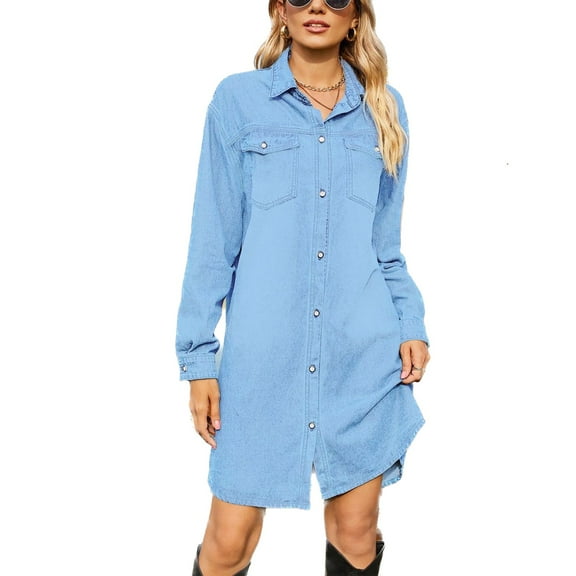 SWSMCLT Women's Denim Dress Spring Shirt Dress Loose Fit Fashion Dresses Casual Fall Vacation Fitted Button Light Blue Large