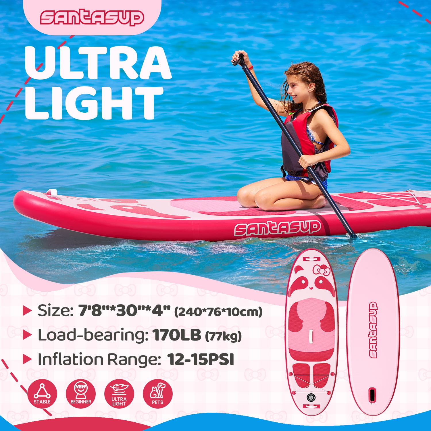 Santasup Kids Inflatable Paddle Board, 8ft Blue Panda with Paddle Board Accessories for Kids, Stand Up Paddle Board Durable, Stable Design, Wide Non-Slip Deck, Hand Pump for Youth & Kids