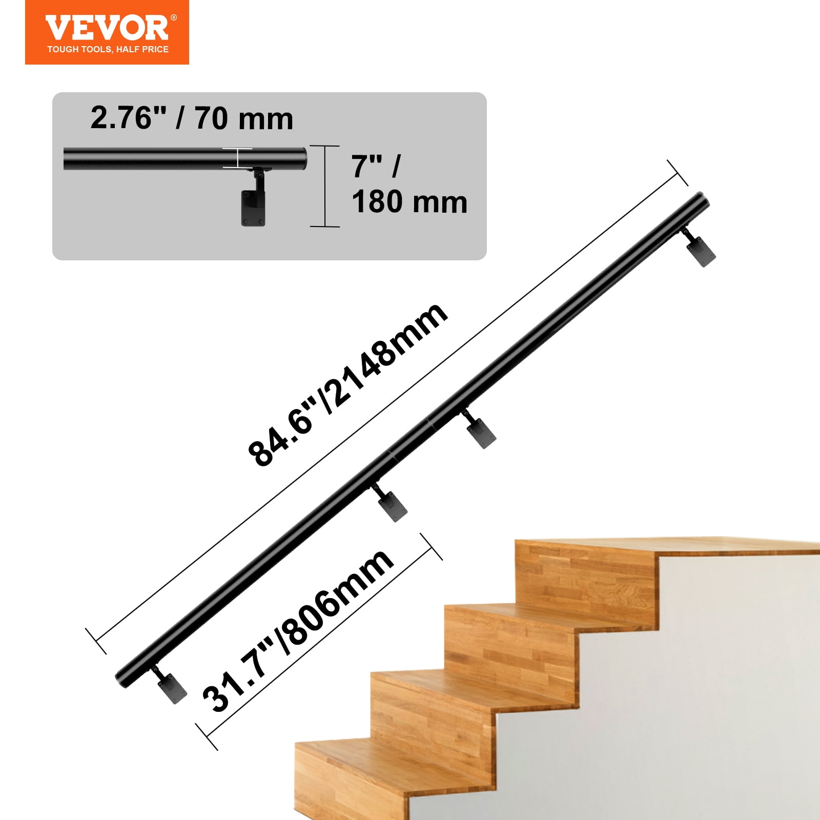 BENTISM 7 ft Wall-Mount Handrail Stair Railing Aluminum Alloy w/ Installation Kit