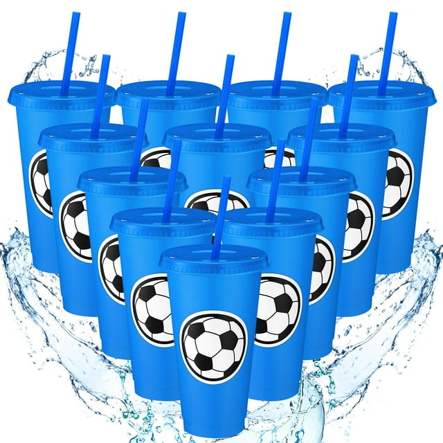 Domensi Juego de 12 Vasos Plásticos Azules de Fútbol con Tapa y Popote 710 ml