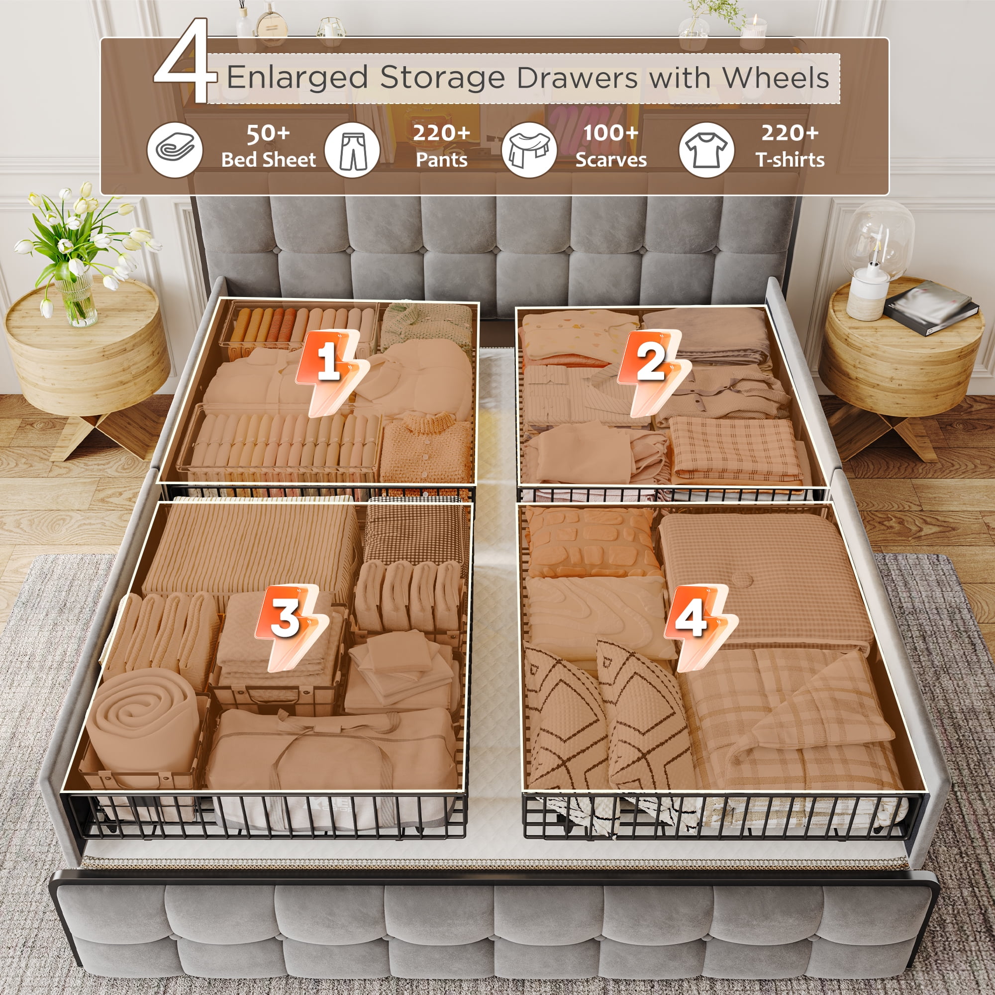 EnHomee Queen Upholstered Bed Frame with Headboard Storage Bed Frame with 4 Storage Drawers & LED Lights Platform Bed frame with Charging Station,Gray