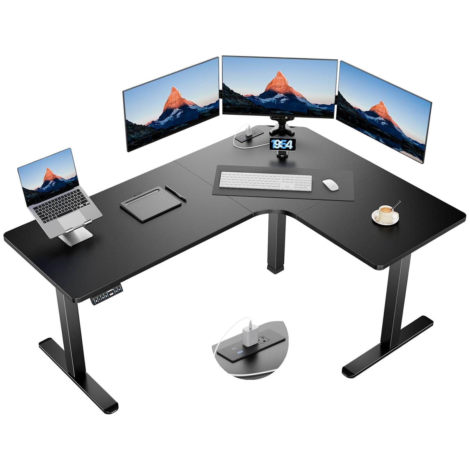 Kyspho 63″ L-Shaped Electric Standing Desk with Built-in Power Outlets & 3 Memory Presets, Large Corner Computer Desk with Cable Management, Black