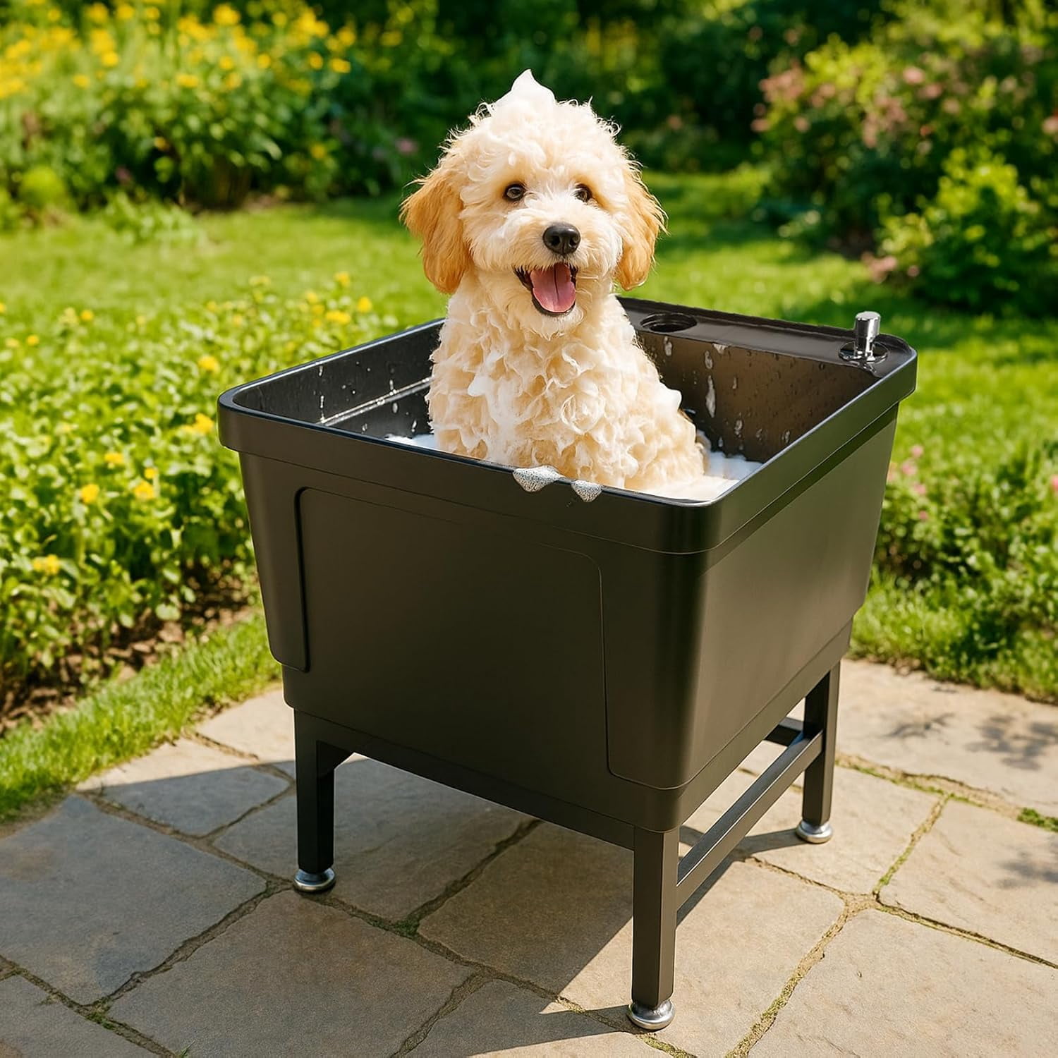ROVSUN Commercial Mop Sink on Wheels, Plastic Floor Mop Slop Sink, Black Freestanding Mobile Utility Sink for Restaurant, Office, Business, Outdoor, Indoor Use, 19.7L x 18.8W x 22.3H inch