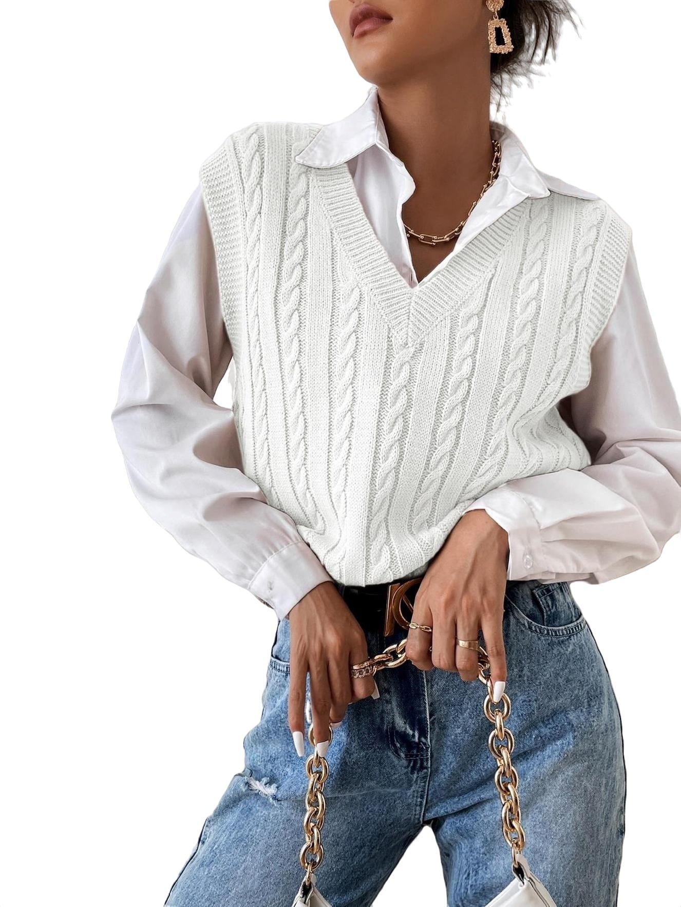 Womens Sweater Vests Casual Plain V neck White L