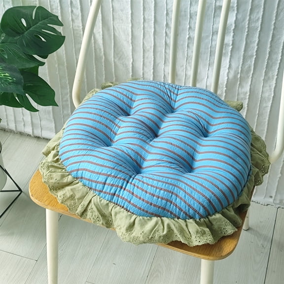 Lenkho Striped Tufted Round Seat Cushion with Ruffle Edge, Soft Padded Decorative Chair Pad, Comfort Thick Floor Sitting Cushion for Dining Chair, Kitchen Seat, Living Room, Bedroom Balcony