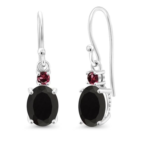 Gem Stone King 10K White Gold Black Onyx and Red Rhodolite Garnet Dangle Earrings for Women (2.68 Cttw, Gemstone Birthstone, Oval 8x6mm)