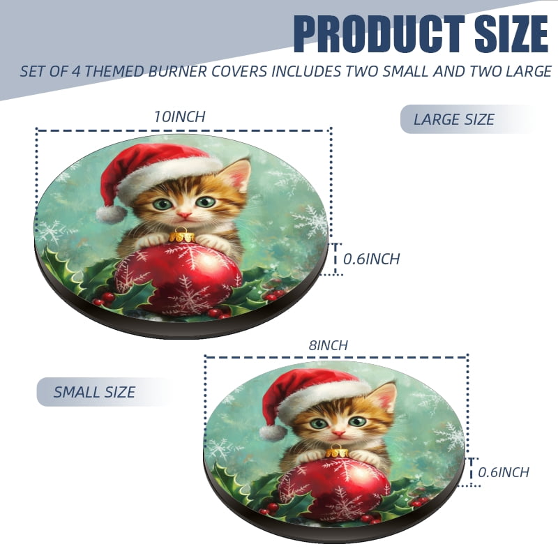 Christmas Electric Stove Burner Covers for Electric Stove, Cute kitten with Christmas Ball Ornament Round Metal Gas Stove Burner Covers Set of 4 for Kitchen Holiday, 8 Inches and 10 Inches