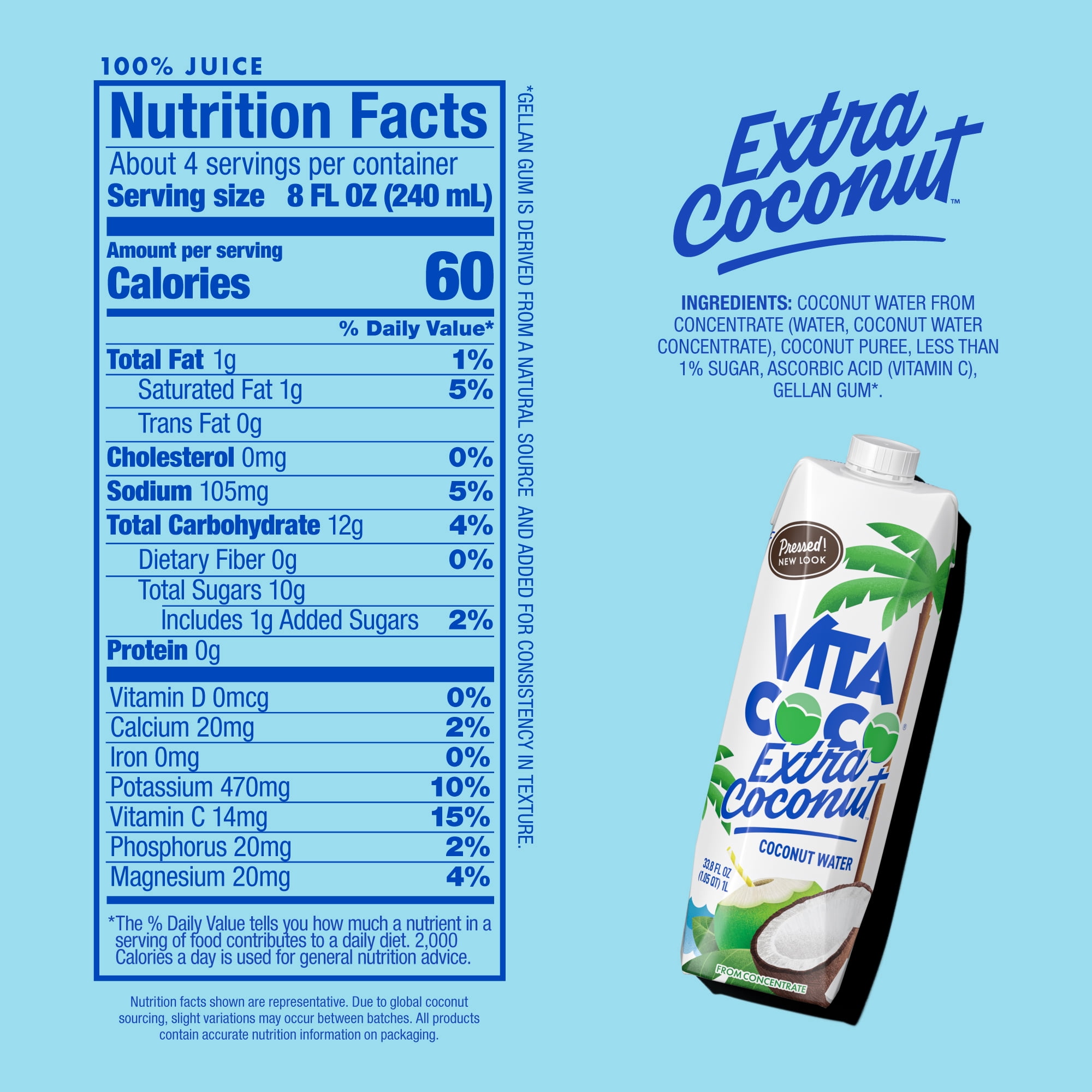 (3 pack) Vita Coco Extra Coconut Coconut Water, 1 Liter