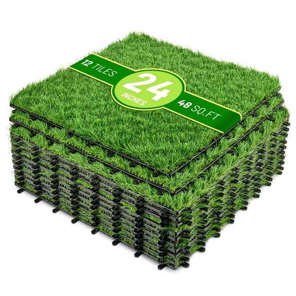 Sorbus Artificial Grass Tiles (48 Sq. Ft) – 24"x24" Interlocking Turf Mats with Drainage – Synthetic Grass for Balcony, Patio, Deck, Outdoor Flooring, Pets & Dog Pee Pad – 8-Buckle System