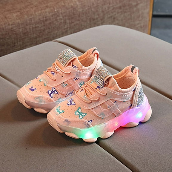 UTTOASFAY Toddler Shoes Children Kid Baby Girls Shoes Butterfly Crystal Led Luminous Sport Run Sneakers Shoes Pink 3.5-4Years