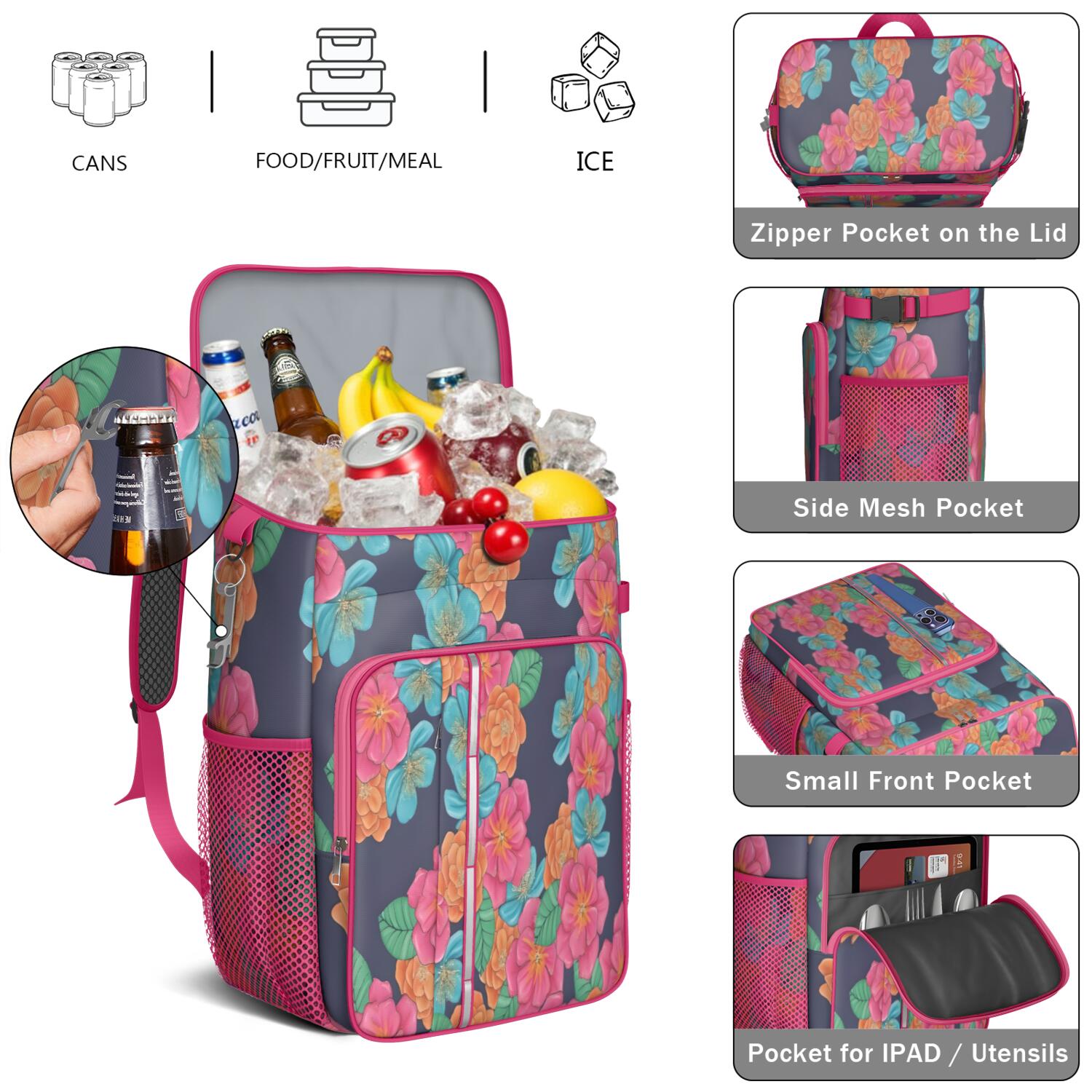 Travel Cooler Bag - Pioneer Flower Floral Print Pattern Camping Beer Cooler Backpack with Bottle Opener- Waterproof Insulated Picnic Backpacks - Cooler Bag for Beach