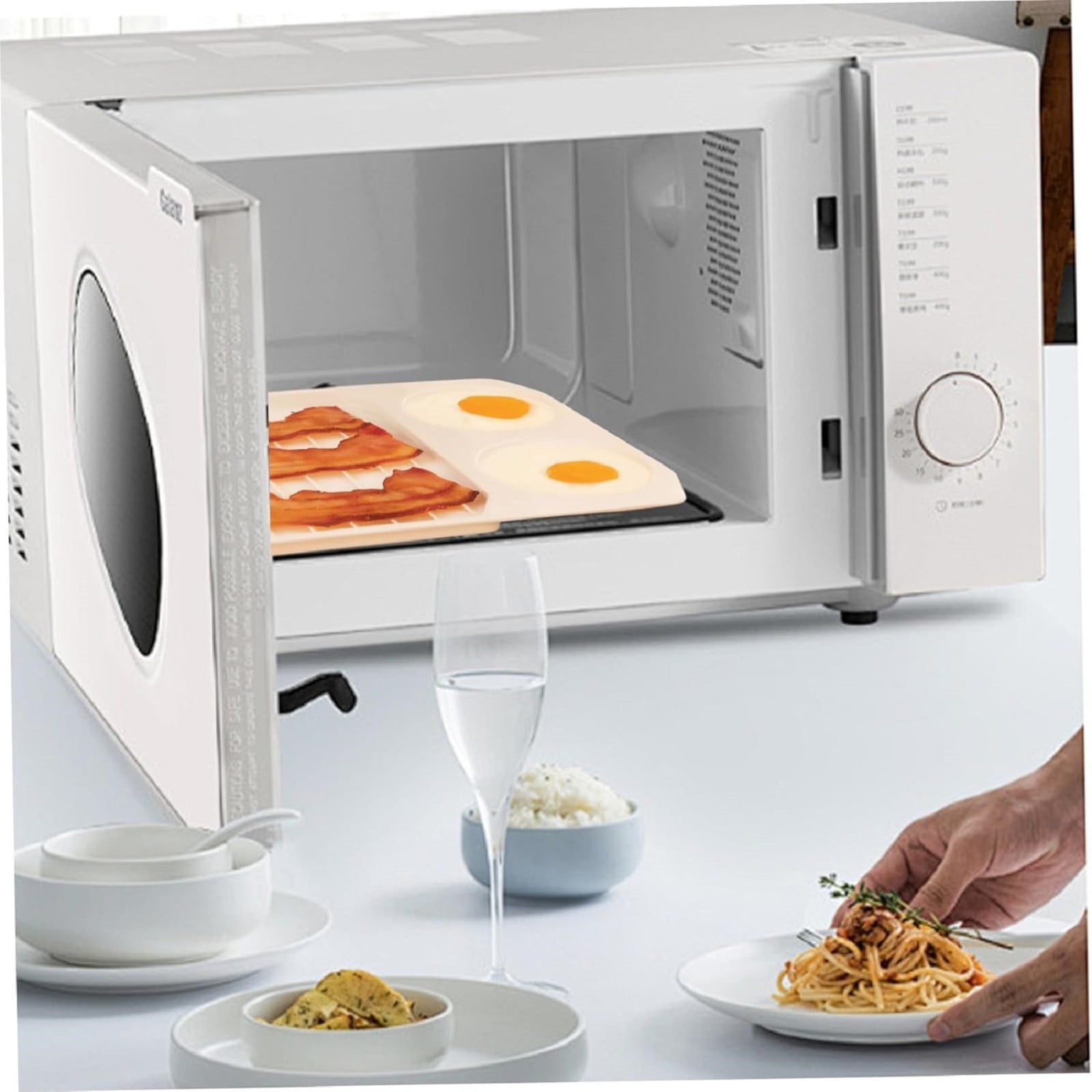 Tswift 2 In 1 Microwave Oven, Microwave Bacon Cooker 11X8In Grooved White Microwave Bacon Tray With 2 Egg Poachers Non-Sticky Safe And Quick Classic Bacon Pan Gift, Bacon Cooker