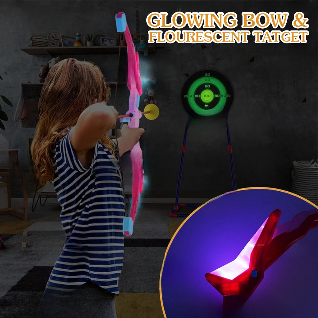 2 Pack Kids Bow and Arrows Set with LED Lights Included 10 Suction Cup Arrows and Standing Target-Sport Toys Gifts for Boys and Girls Ages 6-12