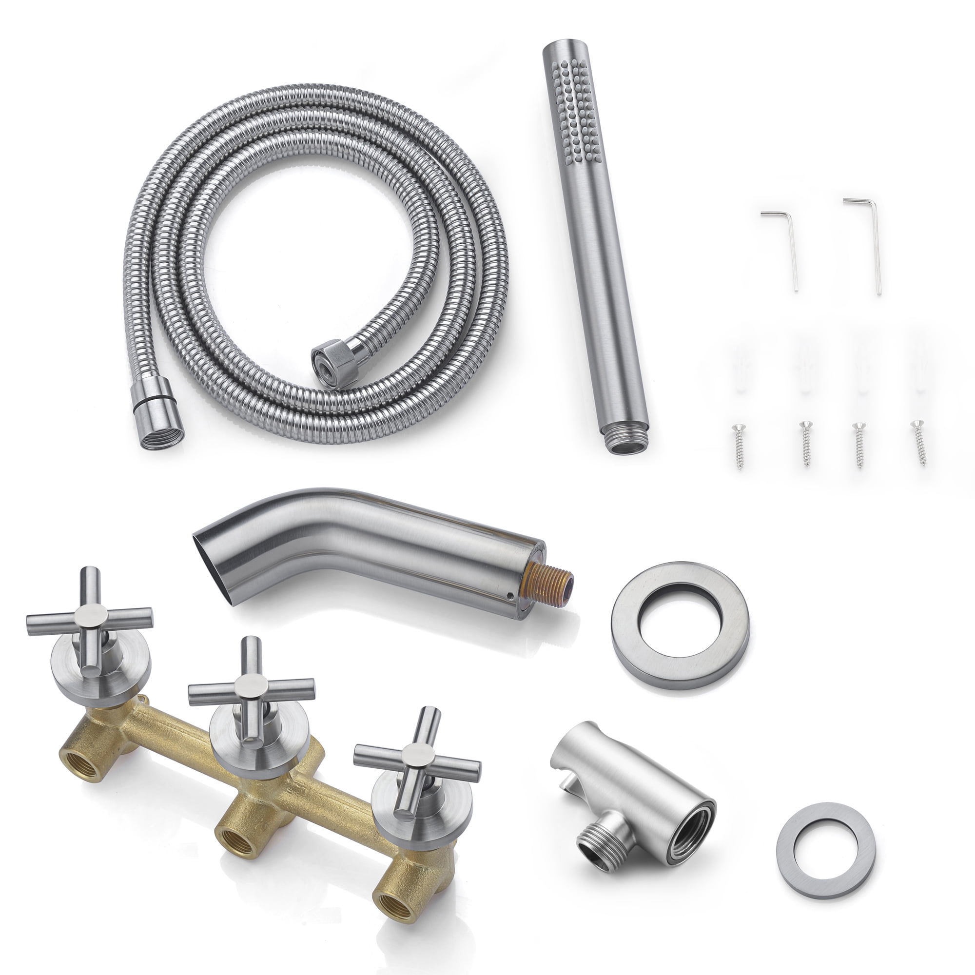 3 Handle Wall Mount Tub Faucet with Sprayer,Waterfall Bathtub Faucet Brushed Nickel