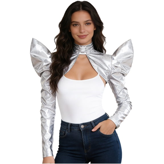 Haitryli Alien Full Sleeves Shawl For Women Metallic Shiny Gothic Armor Shrug Medieval Guards Silver XL