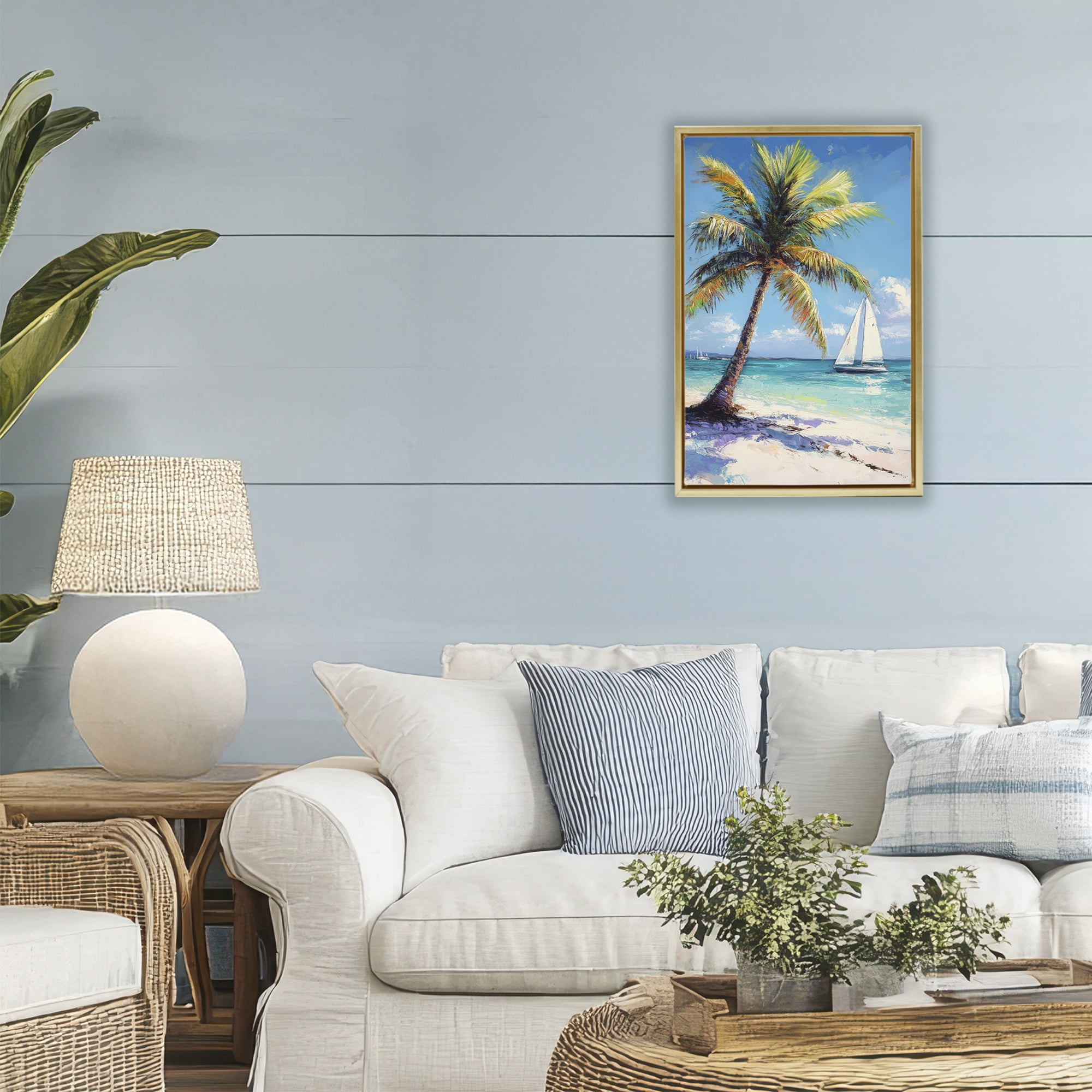 Stupell Industries Palms & Sails Beach View Gold Framed Floater Canvas Wall Art, design by Petal Prints Design