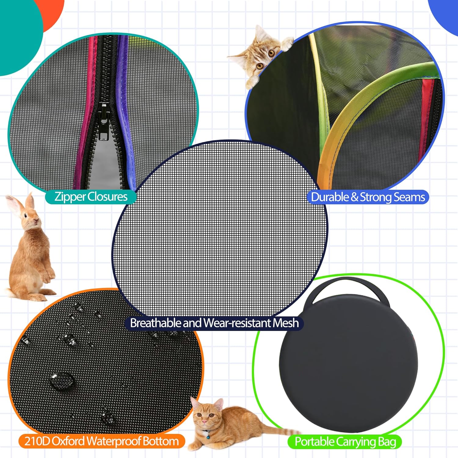 Outdoor Cat Enclosure, Portable Catio Playground with Tent & Tunnel for Cats and Small Animals, Foldable Cat Playpen Includes Storage Bag for Outside and Indoor Play, Rainbow Color