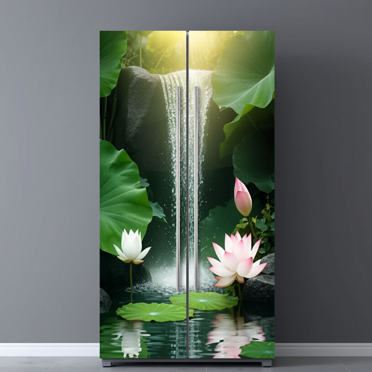 Self Adhesive Vinyl Refrigerator Wrap Set Serene Lotus Pond Waterfall Greenery Spiritual Calm Door Mural Removable Fridge Sticker Peel and Stick&nbsp;Full Door Cover Decal Kitchen Bar Decor