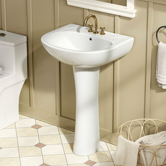 HOROW 22"W x 19"D U-Shape Pedestal Sink, White Ceramic Pedestal with Overflow and 3 Pre-Drilled Holes