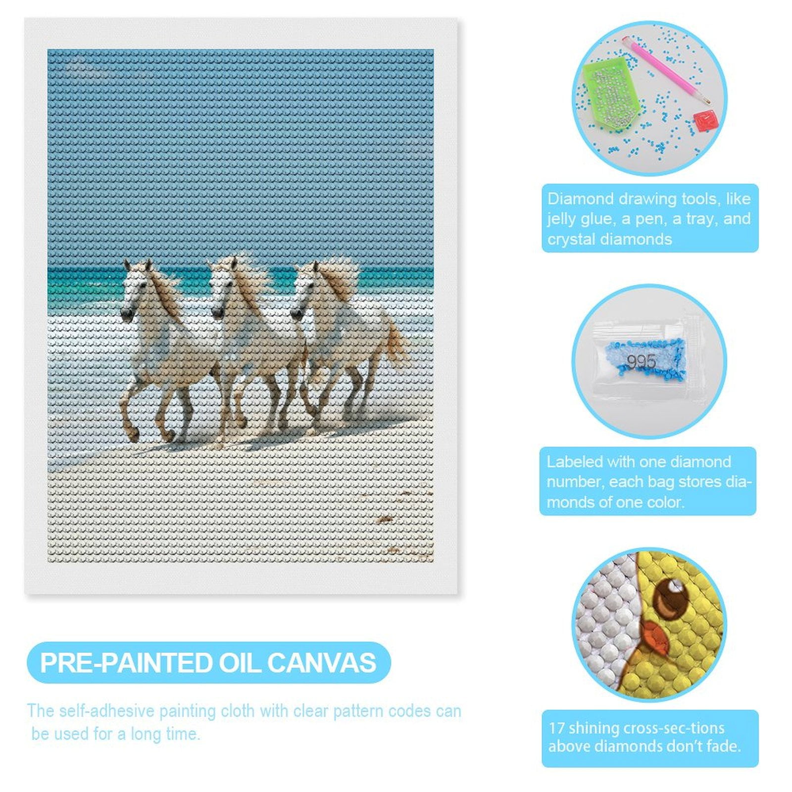 Diamond Art Kits for Adults, White Horses Beach Run 5D Diamond Painting Kits for Adults Beginners, DIY Full Drill Diamond Painting, Gem Art and Crafts 12x16