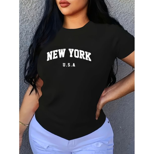 Letter Print Comfy T-Shirt, Round Neck Short Sleeve Sports Tee, Women's Activewear tee top