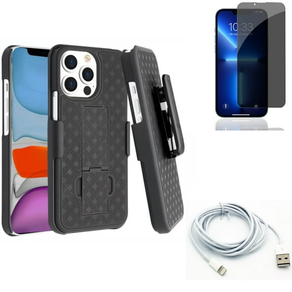 Privacy Screen Protector & Case Belt Clip & 6ft USB Cable for iPhone 13 Pro ONLY - Tempered Glass Curved Anti-Spy   Holster Swivel Cover   Charger Cord Power Wire Combo