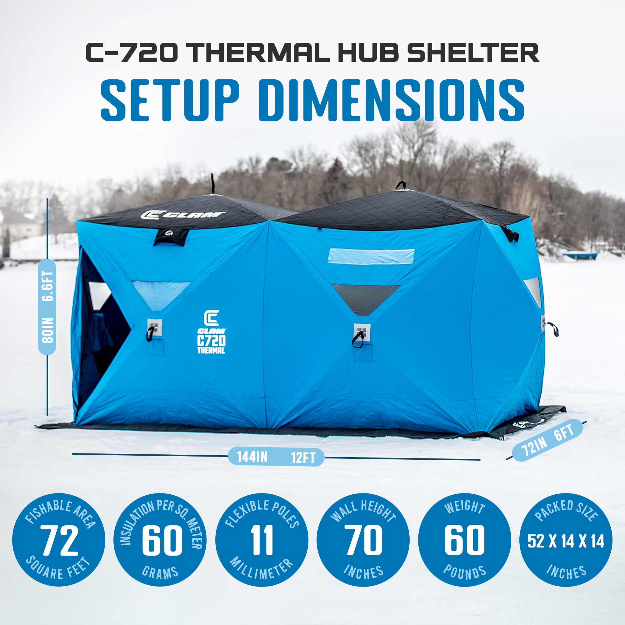 CLAM C-360 Portable 2-3 Person 6 Foot Pop-up Ice Fishing Angler Hub Shelter  