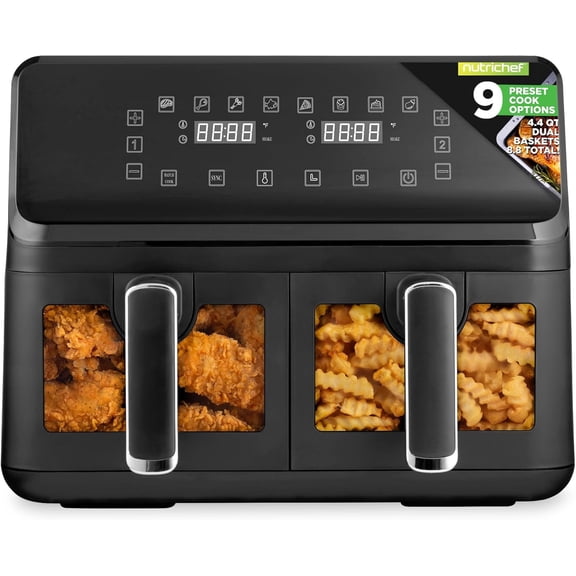 4.4QT Dual Basket Air Fryer - Customized Digital Display Electric Oil Free Cooker with Transparent Window (Black)