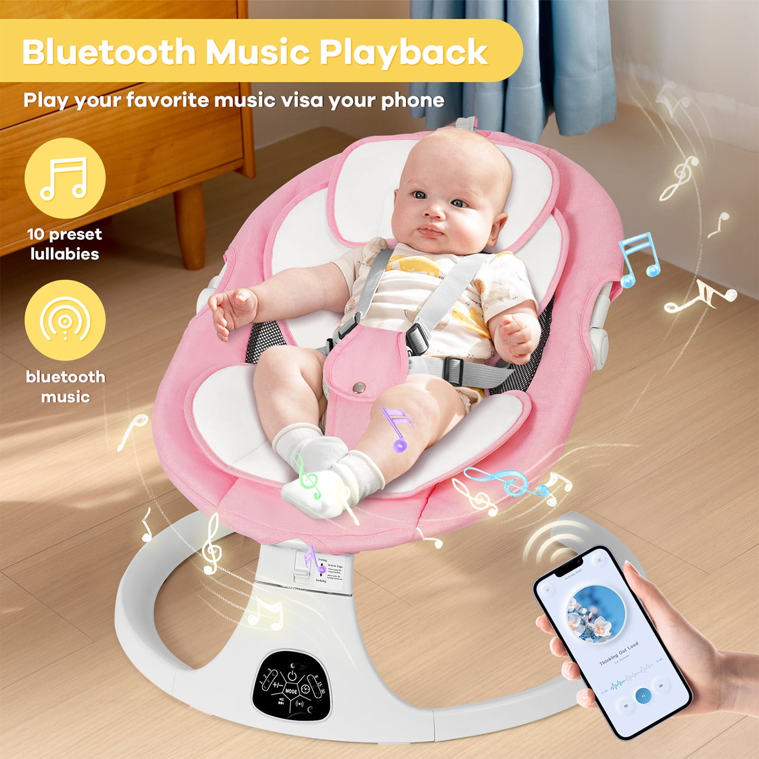Baby Swing for Infants, Unisex Baby Bouncer, Bluetooth Music for 0-18 months, 5 Sway Speeds, 10 Lullabies,PINK