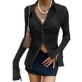 thumbnail image 1 of Kmbangi Chemise Froncée pour Femmes Manches Longues Évasées Col à Revers Simple Boutonnage Tops Ajustés, 1 of 3