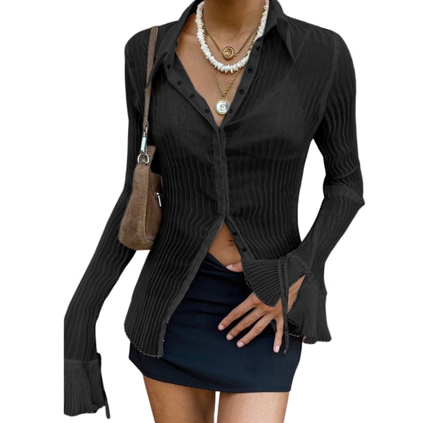 Lucakuins Otoño Señoras Temperamento Camisa fruncida, estilo retro Color sólido Perspectiva Flare Manga larga Solapa Tops delgados de un solo pecho Lucakuins moda