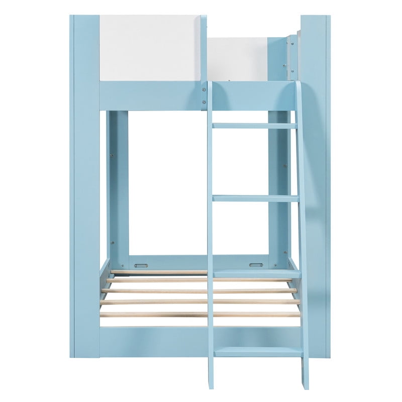 Twin-Over-Twin Low-Profile Bunk Bed with Guardrails, Wooden Kids Bed with Reversible Ladder, Accent Two-Tone Bed Frame
