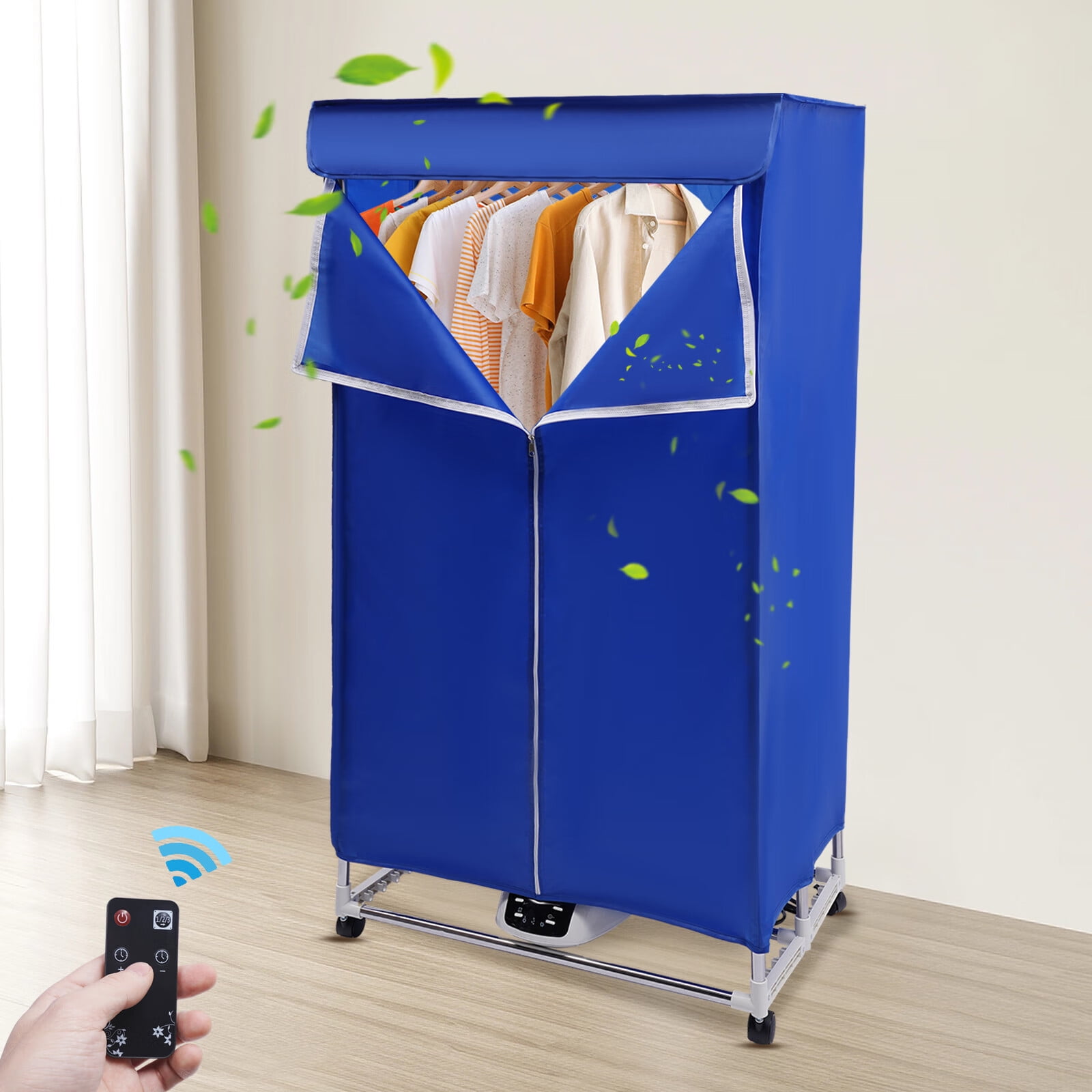 LOYALHEARTDY Folding Clothes Dryer Portable Electric Dryer Machine 0~240min Timing 2-Layer 3-Gear Laundry Drying Rack with Remote & Universal Wheels for Home Apartment RV 1200-1500W (Blue)