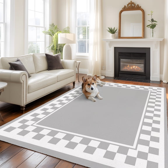 Gray Square Washable Area Rug 5x7 Graphic Retro Gray White Checkered Border Low-Profile Large Area Rugs with Non Slip Backing Indoor Floor Carpet for Entrance Living Room Bedroom Home Office